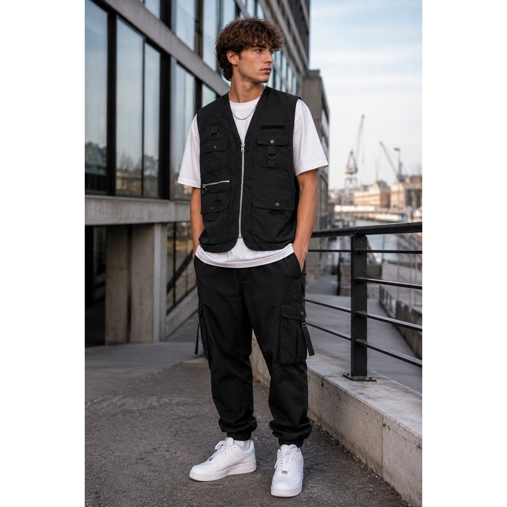 Weekday Remy Utility Vest Black Nylon Full Zip Multi Pocket Cargo Size‎ L